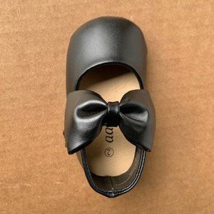 Baby Girl Bow detail hook and loop Mary Jane Flat - Black Leatherette